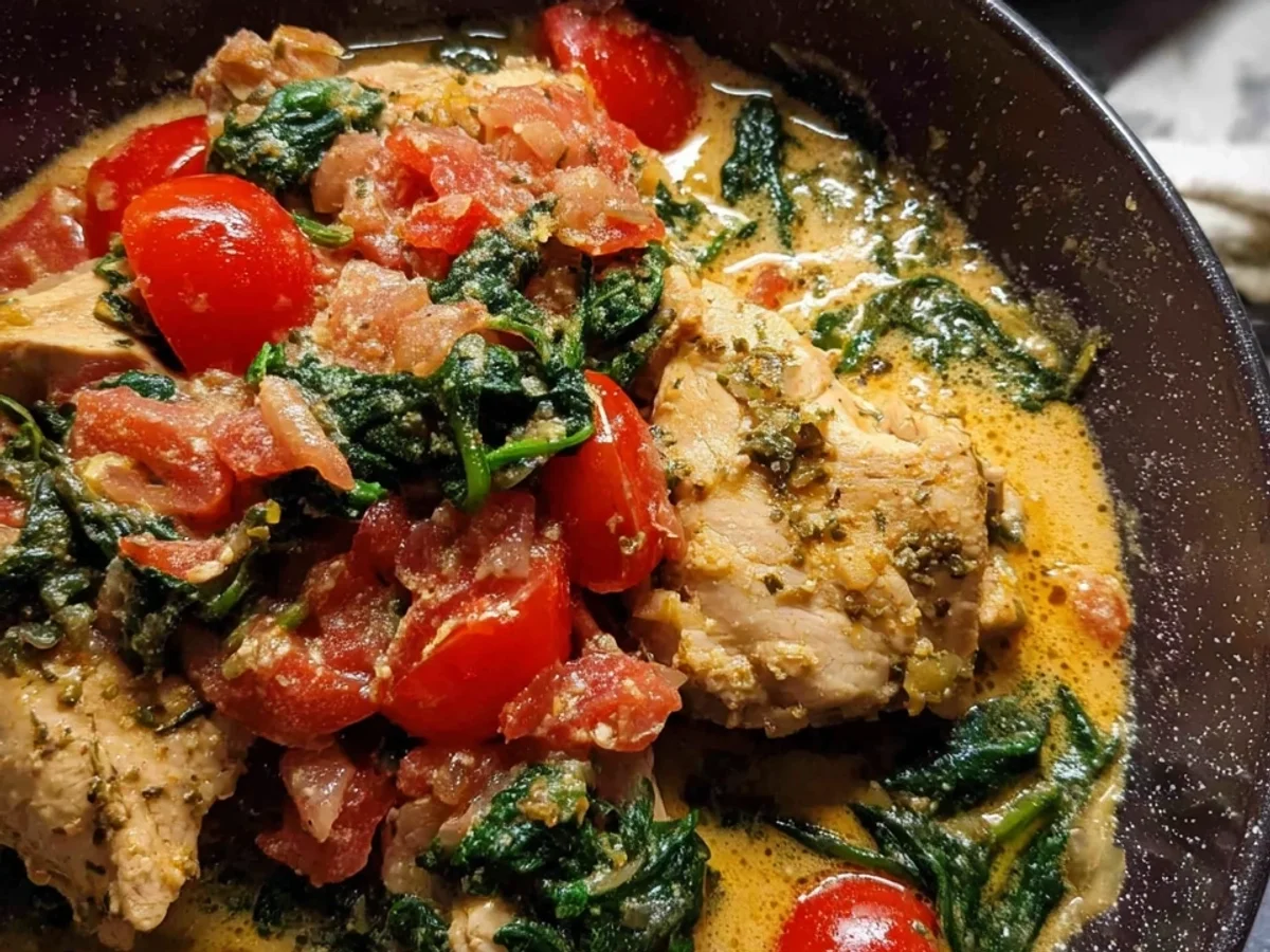 Würzige Hähnchenpfanne mit Kokos, Tomaten & Spinat - Bild 1