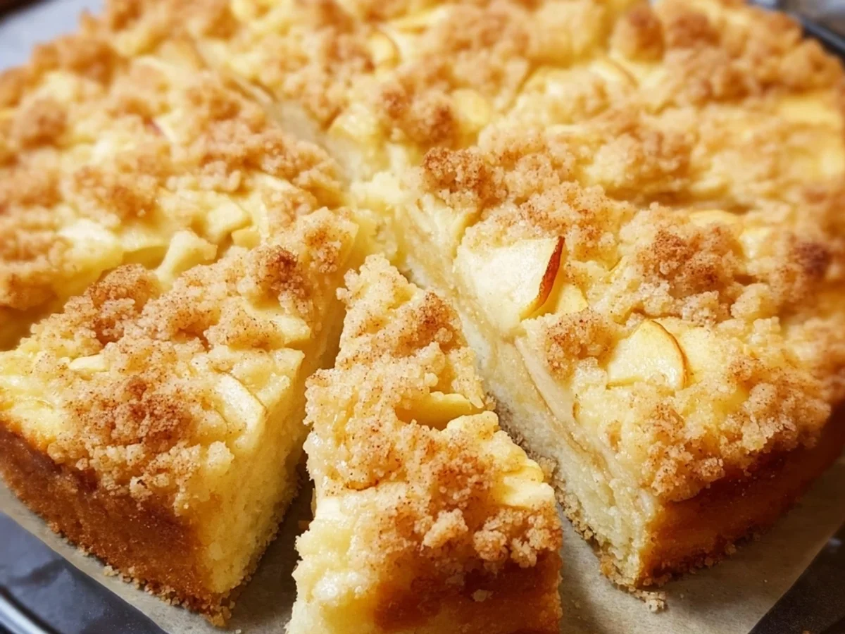 Einfacher Apfelkuchen vom Blech mit knusprigen Streuseln - Beitragsbild