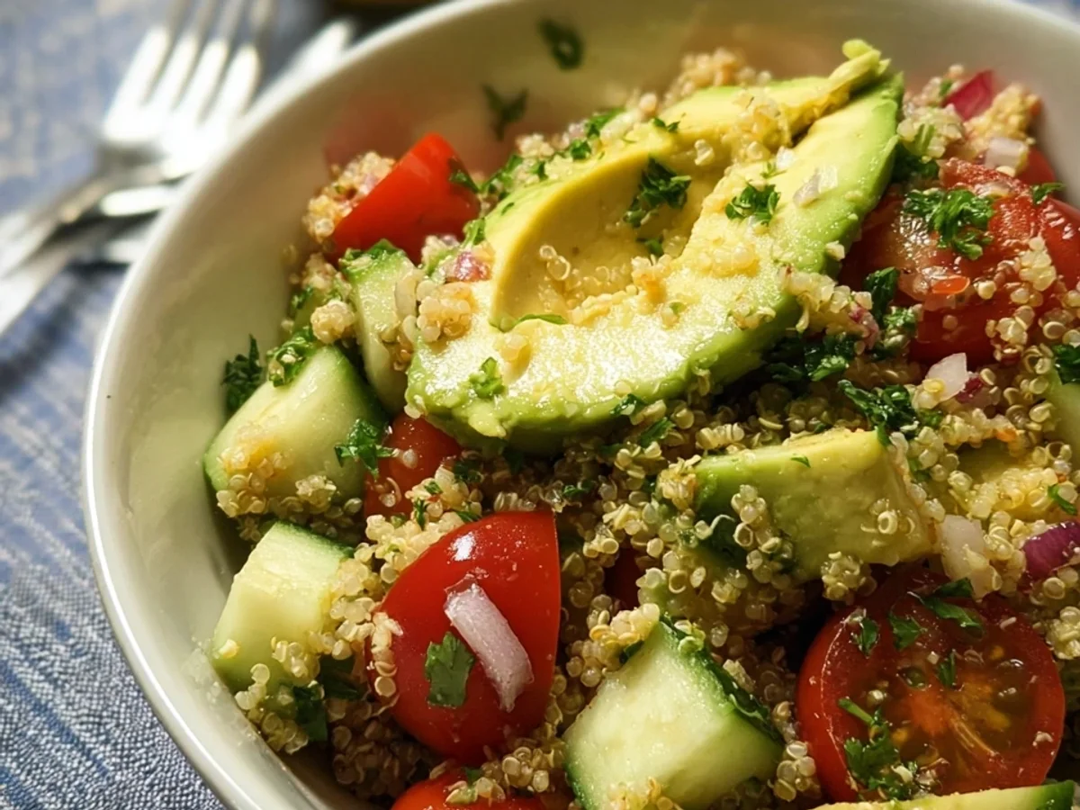 Quinoa Avocado Salat mit Tomaten & Zitronendressing - Beitragsbild