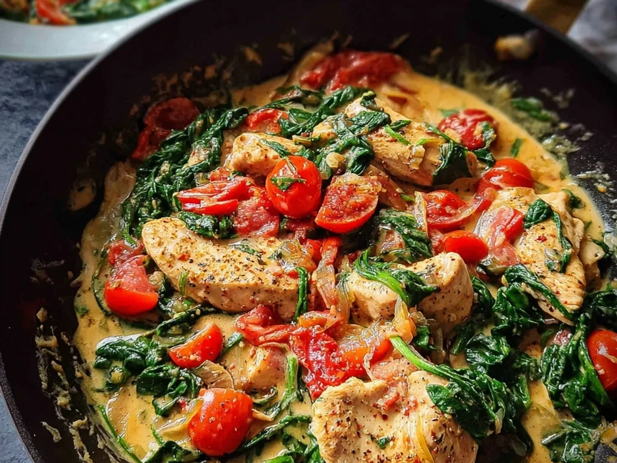Würzige Hähnchenpfanne mit Kokos, Tomaten & Spinat - Beitragsbild