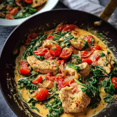 Würzige Hähnchenpfanne mit Kokos, Tomaten & Spinat